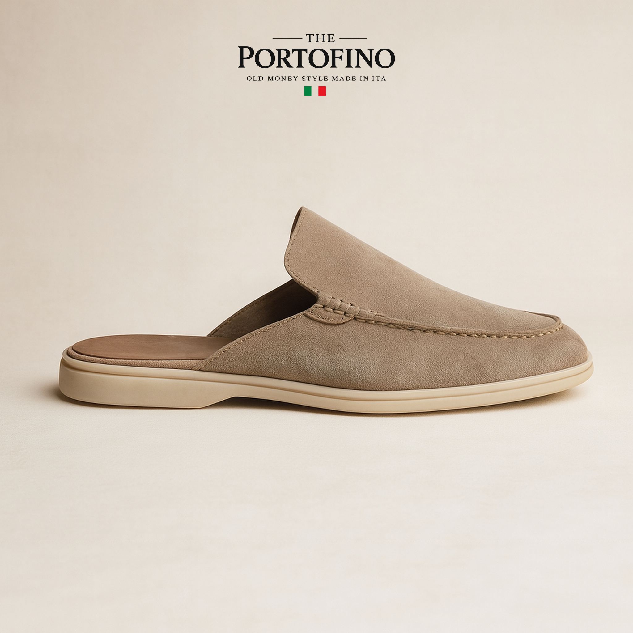 Sand Suede Mule by The Portofino, side view