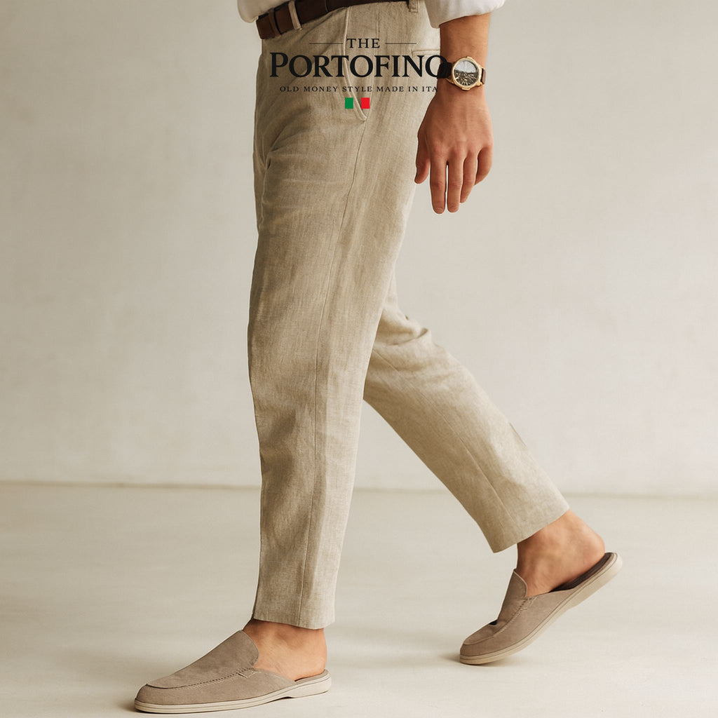 Sand Suede Mule worn with linen trousers