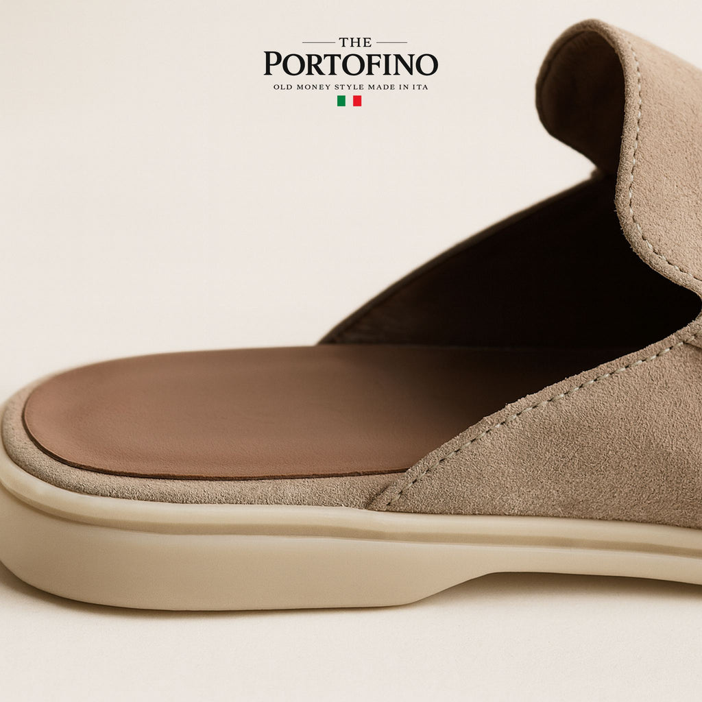 Sand Suede Mule, close view of the sole and lining