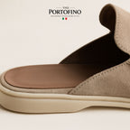 Sand Suede Mule, close view of the sole and lining