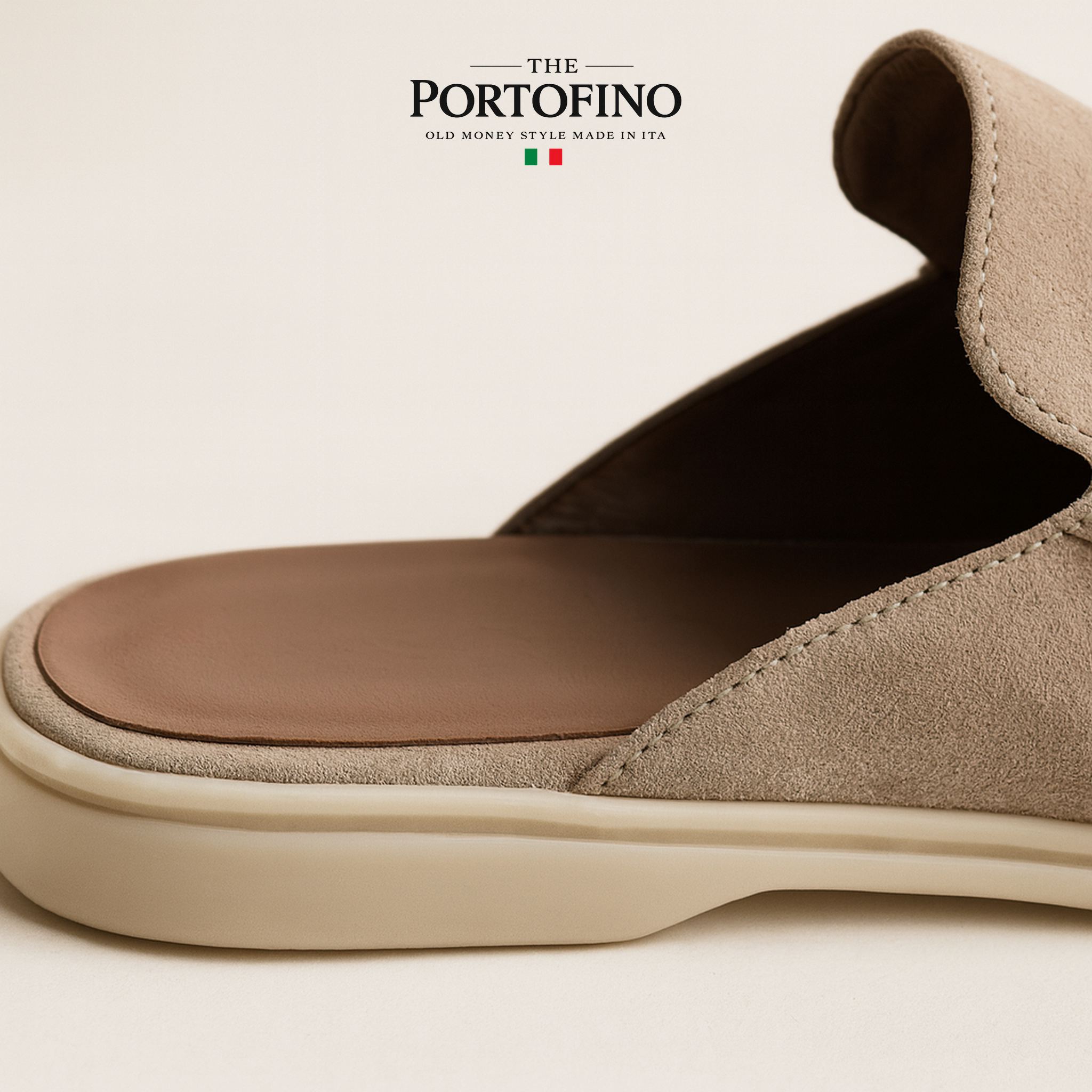Sand Suede Mule, close view of the sole and lining
