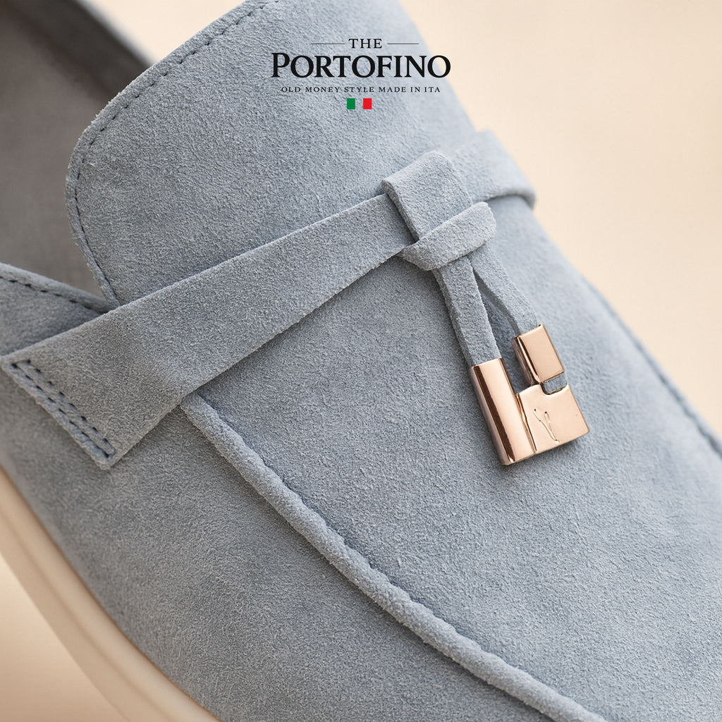 Powder Blue Bit Mule, suede close-up