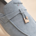 Powder Blue Bit Mule, suede close-up